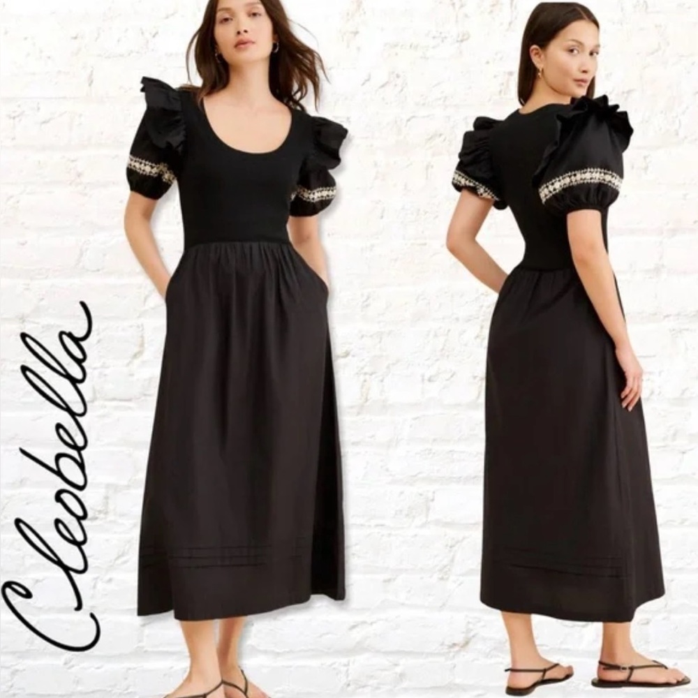 Cleobella Black Midi Dress Puff Sleeve Boho Cottagecore Anthropologie SZ L  NWT